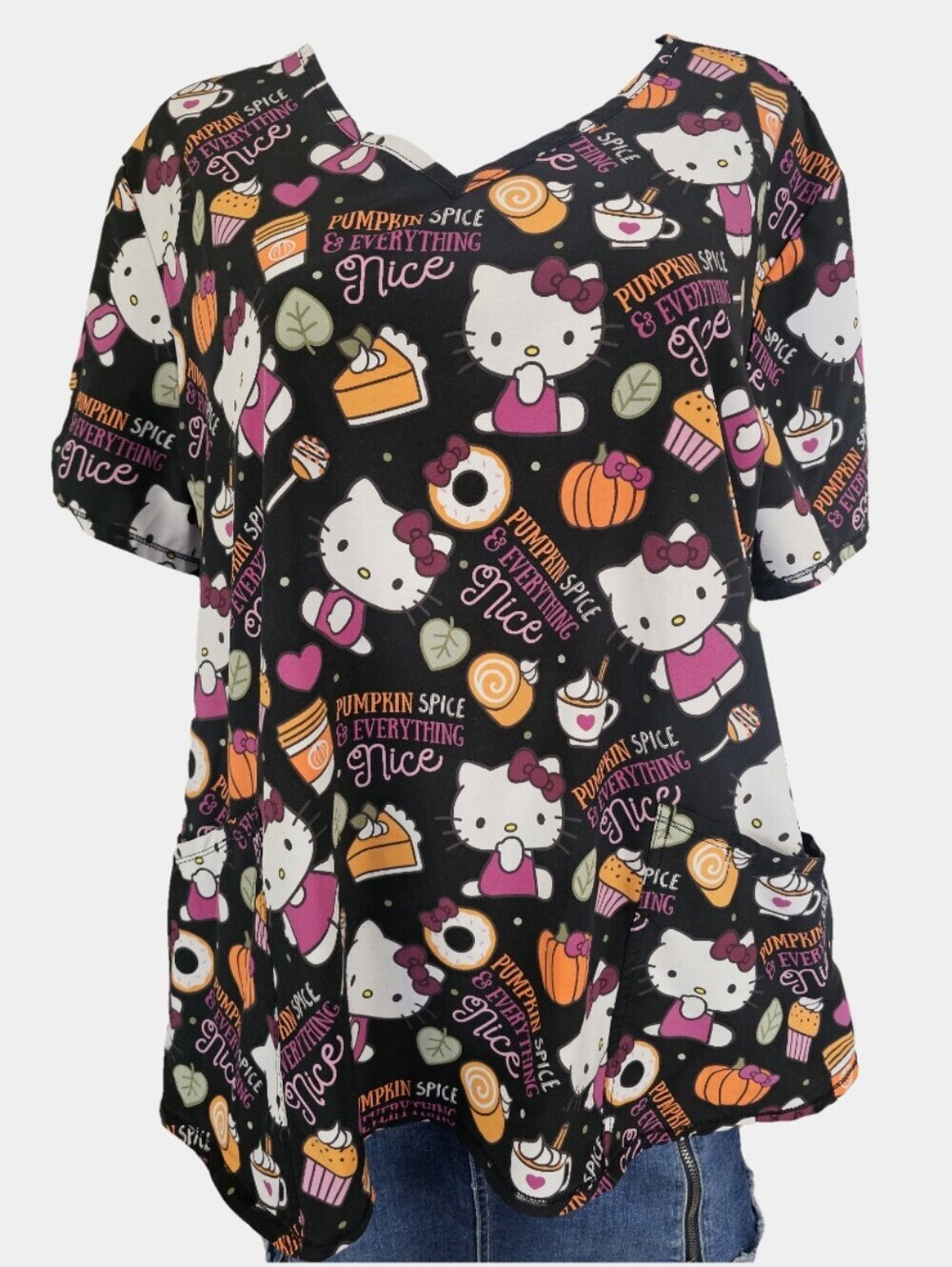 Hello Kitty Pumpkin Spice V-Neck Short Sleeve Scrub Top Size 2X